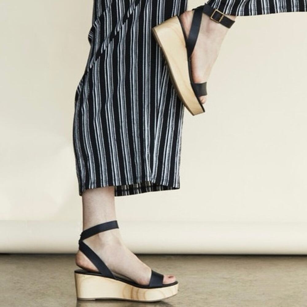 NISOLO Sarina Wedge Wrap Sandal Leather Wooden Sole Black Old Money - Sz 8
